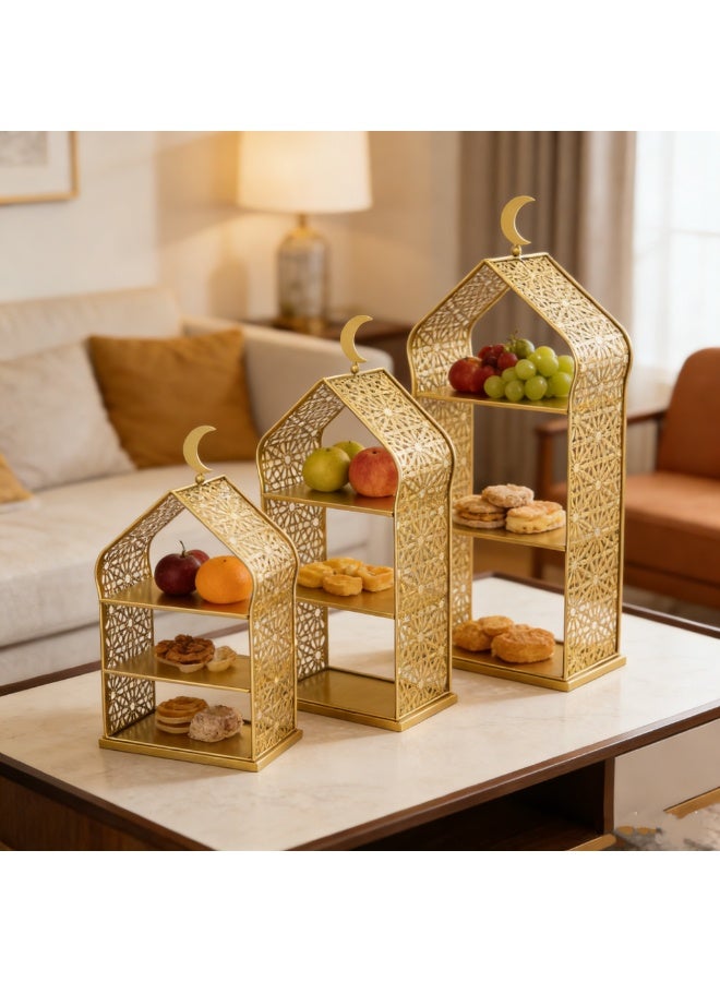 3-Piece Golden Decorative Display Shelves – Premium Metal Serving Racks for Ramadan, Eid, Weddings, Ideal for Fruit, Pastries, and Table Centerpieces（YB212） - Image 4